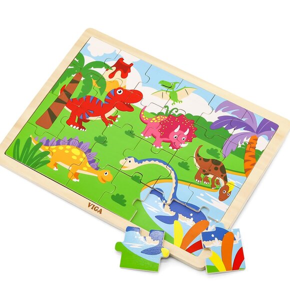 VIGA 24 Pcs Flat Wooden Puzzle w/Tray -Dinosaurs New Sealed For Age 2+ - Picture 3 of 14